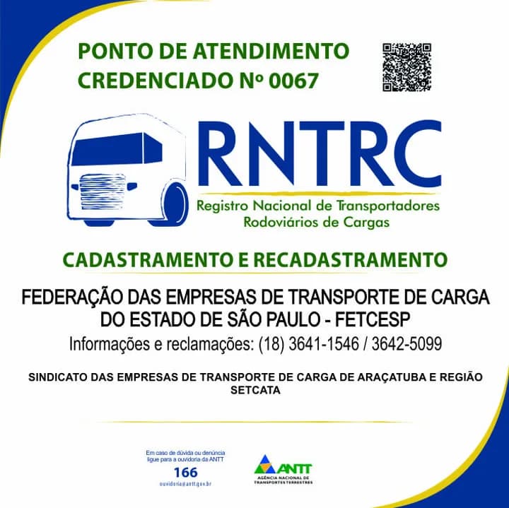 Certificado de ponto de atendimento credenciado do RNTRC número 0067, em nome do SETCATA