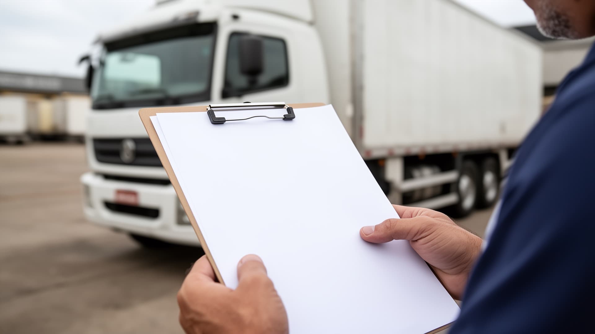 Profissional conferindo documentos em prancheta diante de um caminhão branco no pátio de uma transportadora.